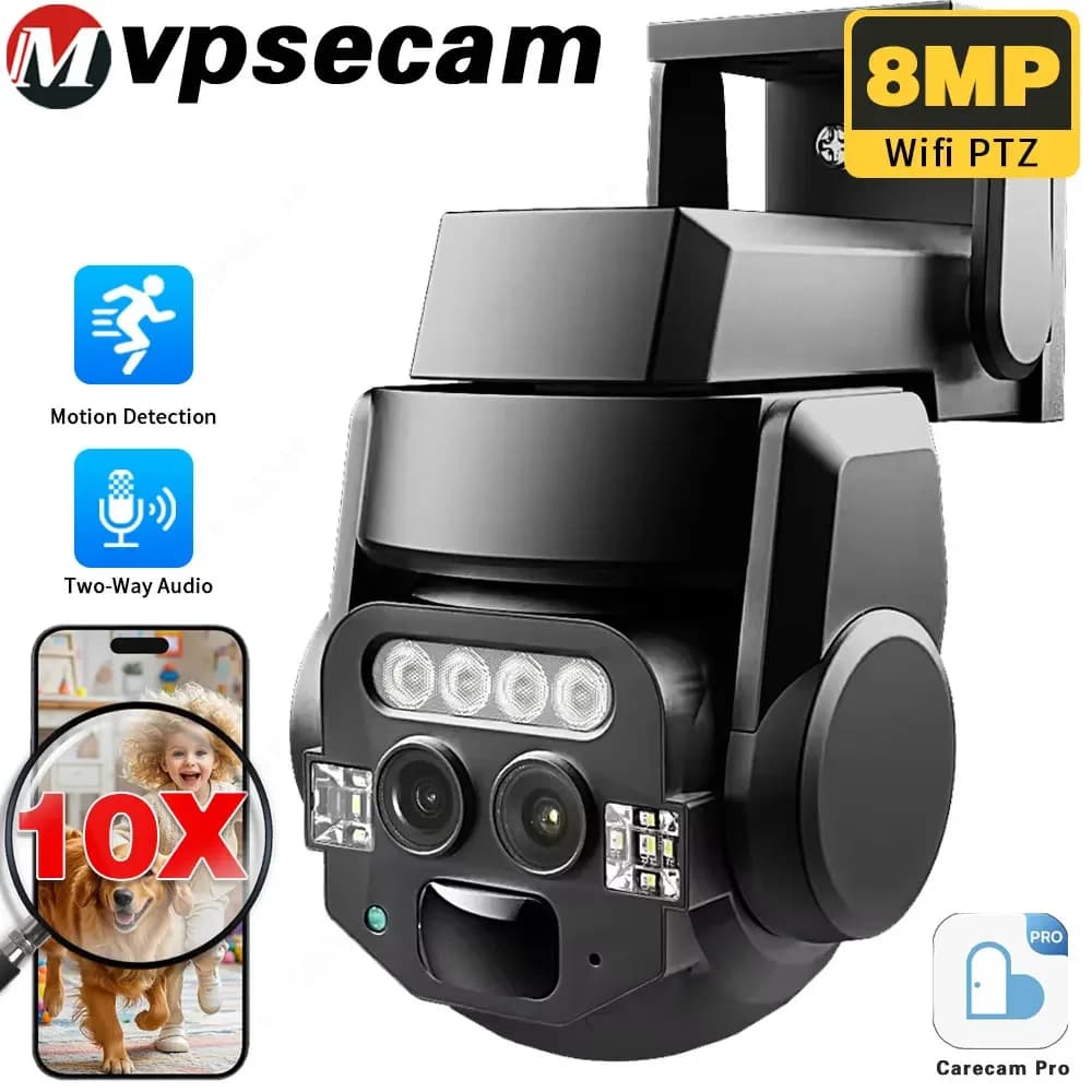 Carecam 8MP 4K 10X Zoom Videocamera di sorveglianza HD Telecamera IP PTZ CCTV per visione notturna a colori impermeabile esterna