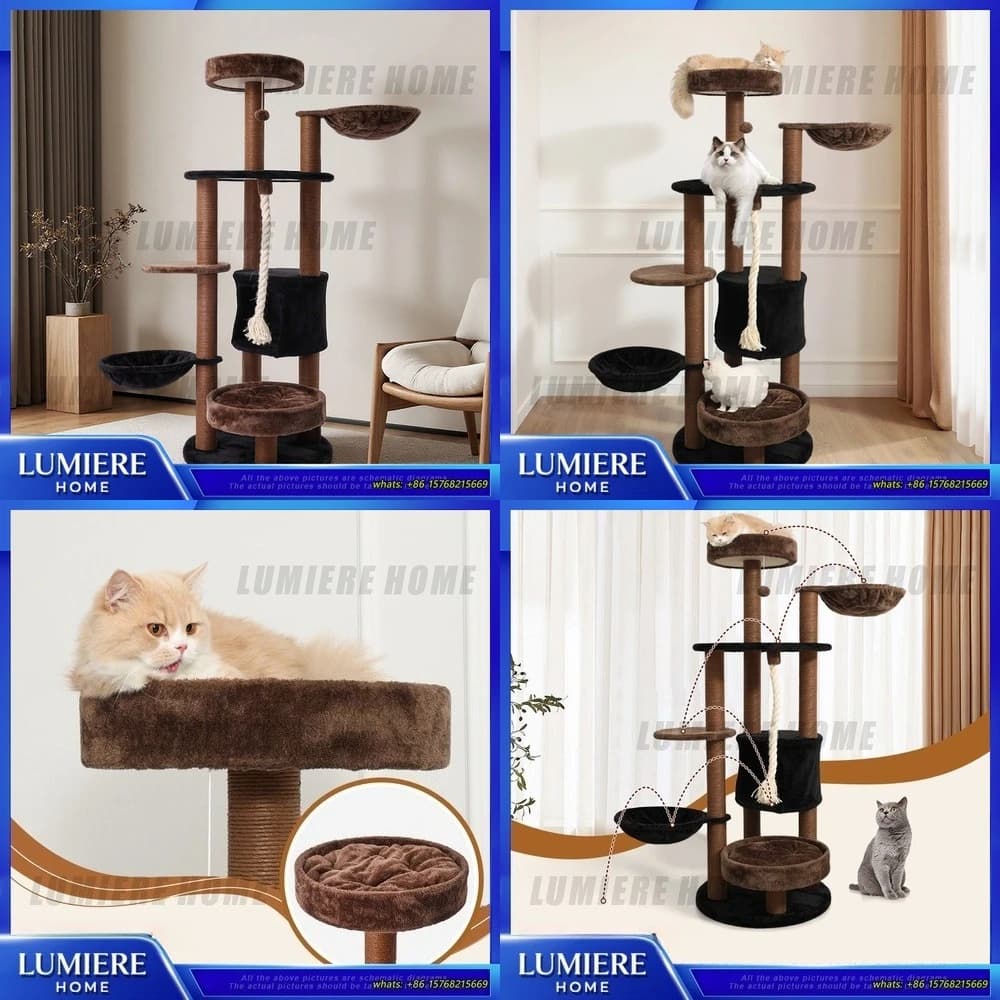 Large Cat Tree with Cuce, Amaca, Tiragraffi e Piattaforme per il Salto, per Gatti da Interno, Giocattoli in Corda di Sisal Naturale, Sale all'Ingrosso