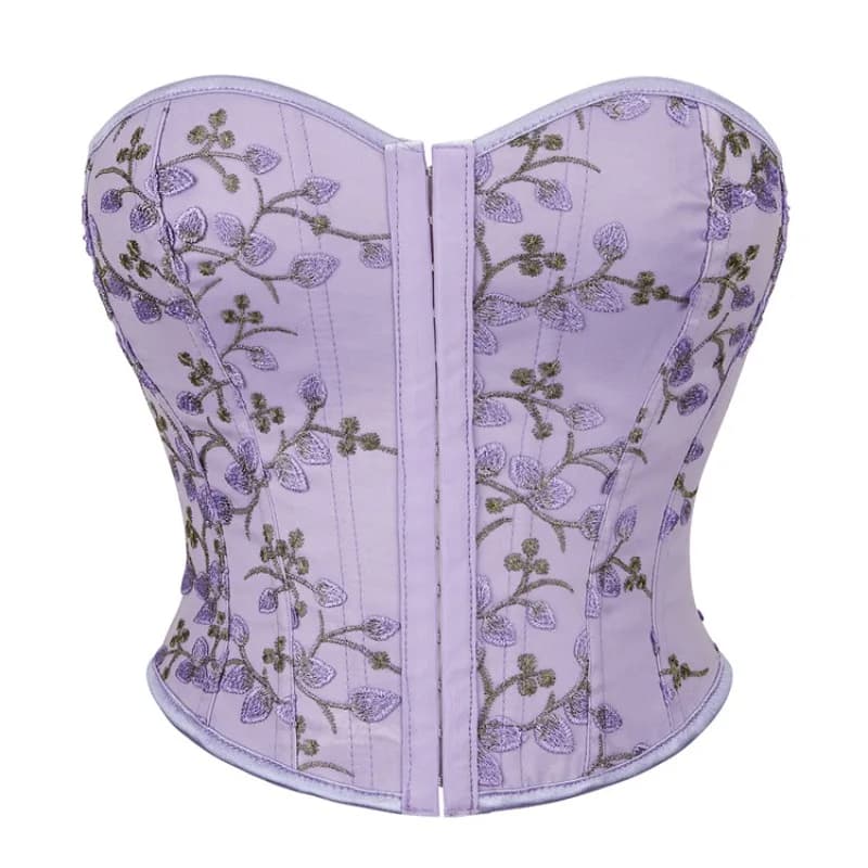 Purple Corset Crop Tops Floral Embroidery Lace up Bustier Overbust Women Corsets Backless Body Shaper Short Torso Vest