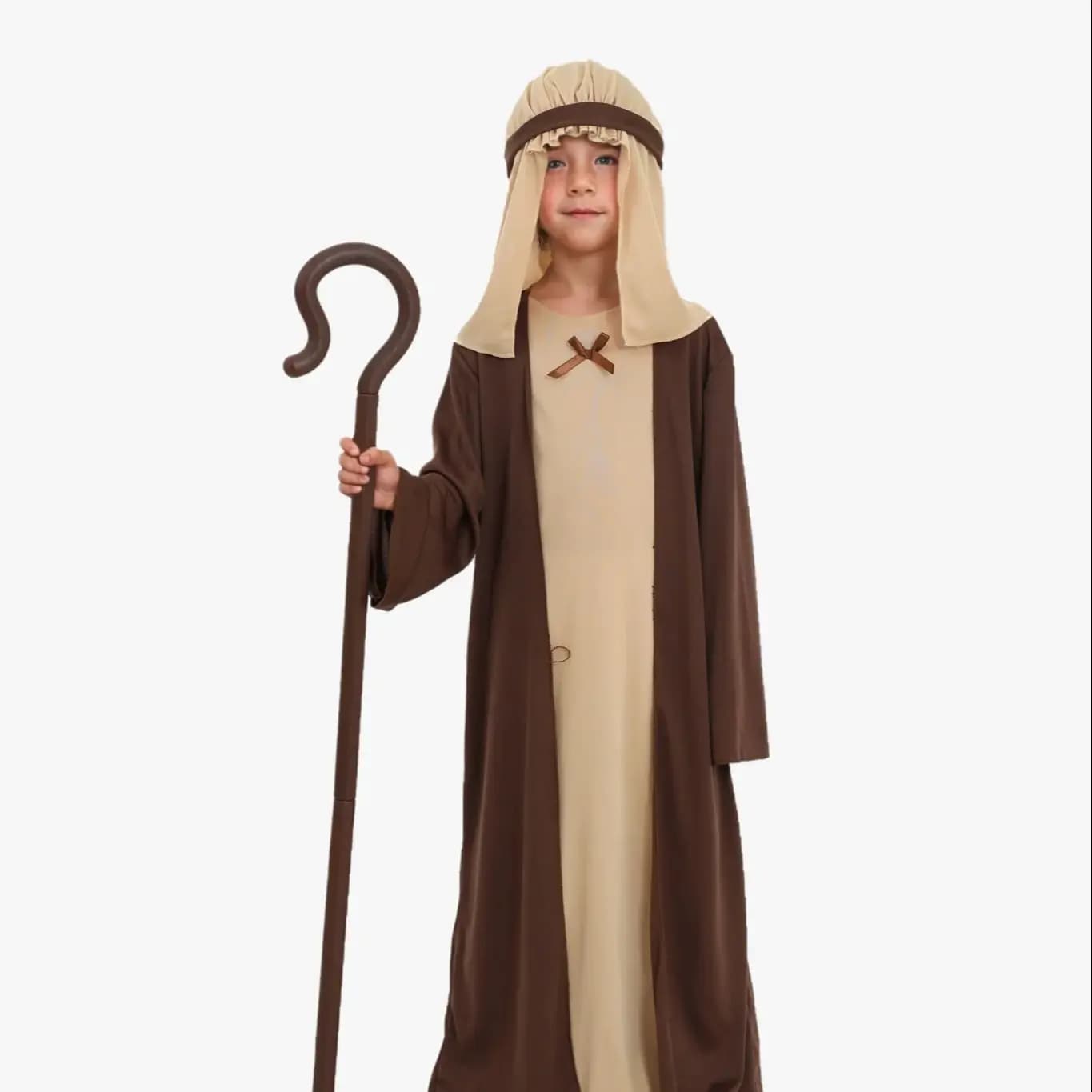 3 piece set suitable for both men and women, dress with vintage brown Arabic hood, exquisite sceptre, Halloween cosplay party costume