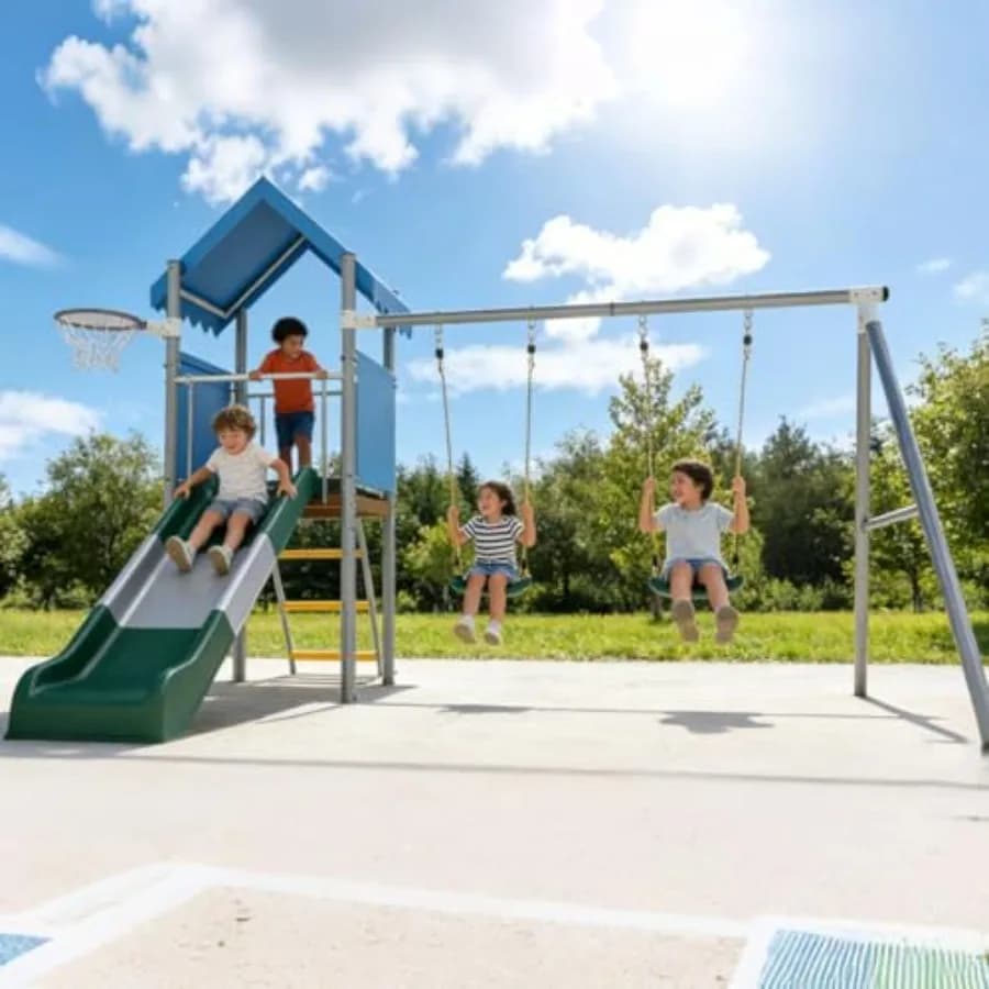 Set da gioco per esterni con doppie altalene, scivolo e canestro da basket, in metallo resistente, per giardino, con telaio in acciaio zincato