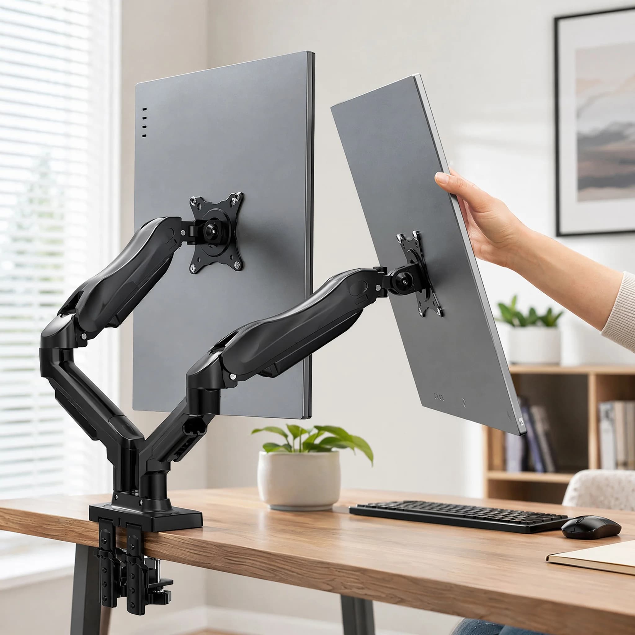 Dual Monitor Stand, Fully Adjustable Gaming Monitor Desk Mount for 13–32″ Computer Screens, Full Motion VESA 75x75/100x100 with C-Clamp & Grommet Base, Each Arm Holds 4.4 to 19.8 lbs