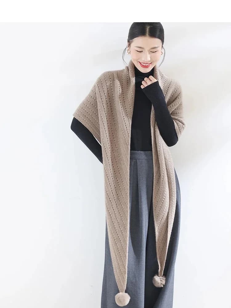High-end Triangle Shawl Autumn Winter Women's Scarf Shawl Sweater 100% Cashmere Scarf French Style Warm Ornament Fur Ball Shawl