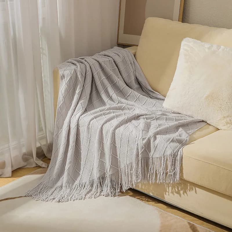 Coperta in maglia con frange, sottile e leggera, per divano, ufficio, climatizzatore, finestra a barchetto, pisolino estivo, comfort accogliente