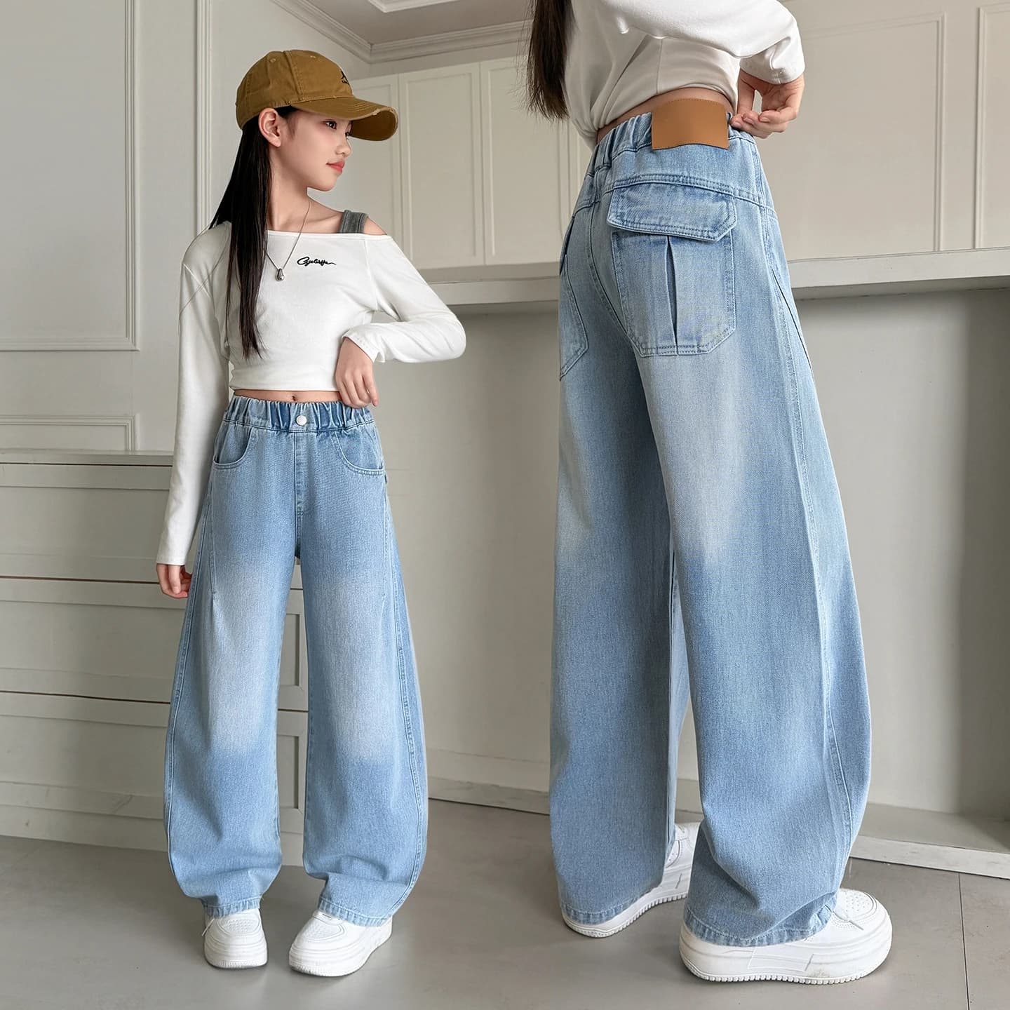 Nuovi Jeans per Bambine con Tasca con Coperchio e Lettere, Pantaloni Casual Primaverili alla Moda per Bambini, Jeans Dritti con Vita Elastica