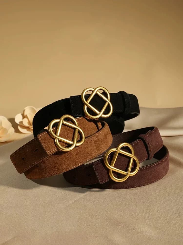 2025 New 2.8cm Wide Suede Cowhide Belt for Women, Vintage Style with Retro Golden Buckle, Skinny Waistband for Dresses & Jeans
