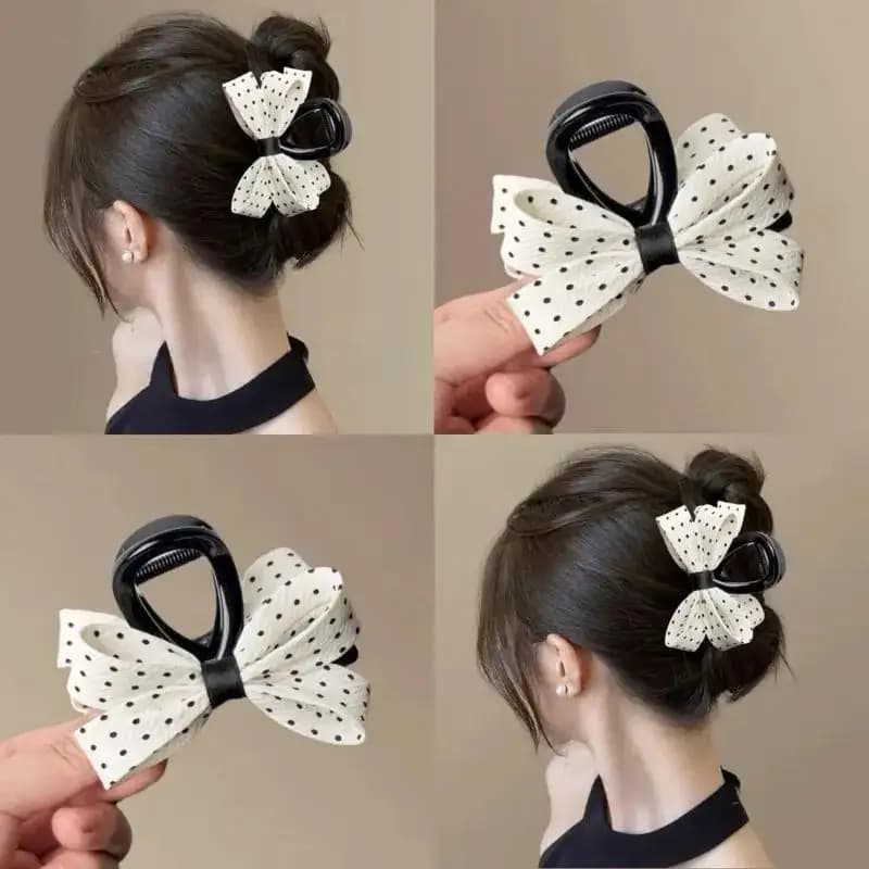 Elegant Temperament Bow Shark Hair Clip For Women Polka Dot Pattern Ponytail Holder For Business Meetings