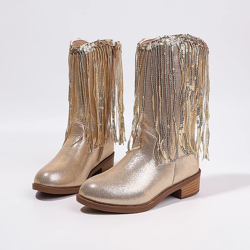 Children Boots Versatile Tassels Pink Elegant 2026 New Performance Girls Boots Low Heels Shiny Solid Color Britain Princess Boot