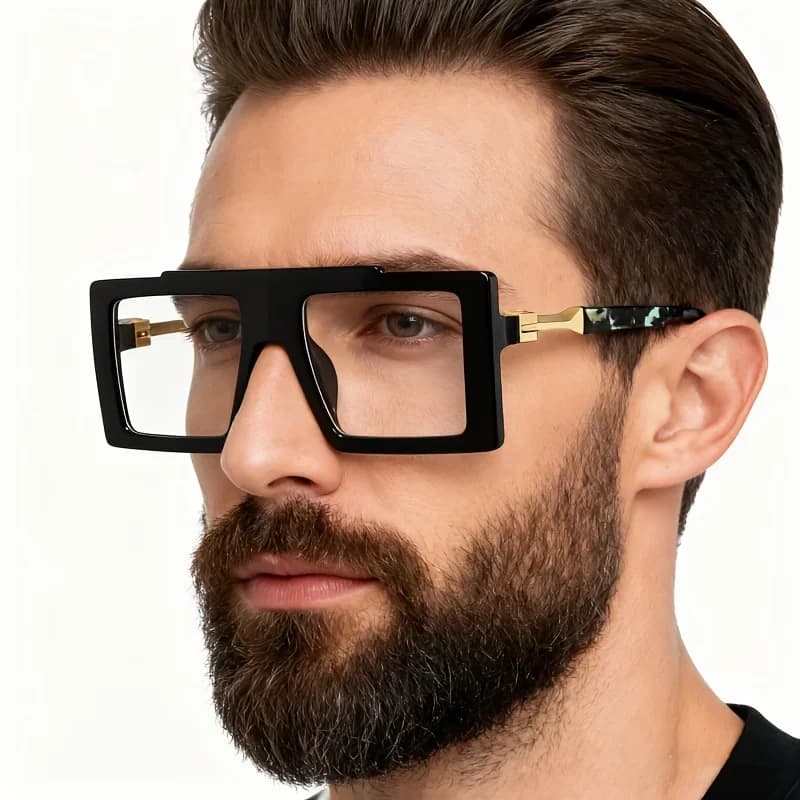 Montatura per occhiali da uomo con montatura quadrata grande, montatura per occhiali da donna alla moda in PC resistente, occhiali di tendenza di alta gamma.