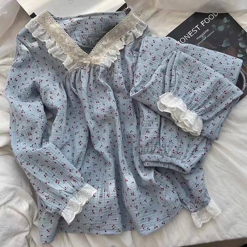 Primavera e autunno nuove signore Ins pigiama Homewear vestito ragazze modelli grezzi Set testa a maniche lunghe Homewear vestito per il tempo libero pizzo