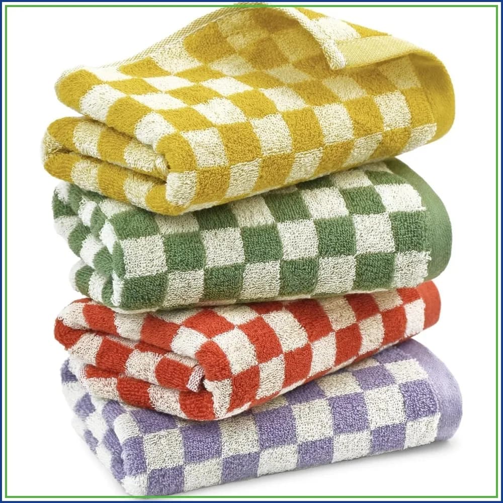 Cotton Hand Towels 4 Pack, Soft Absorbent for Bathroom Face Spa Gym Kitchen, Checkered Design, 13x29 Inches, 4 Colors