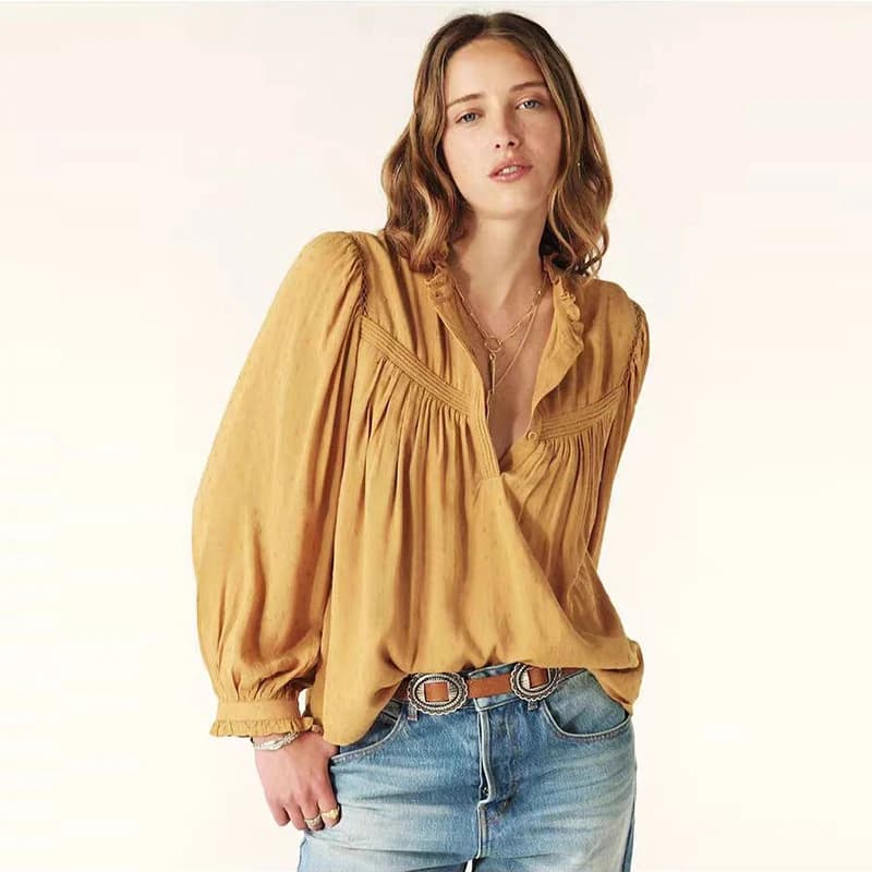 Summer 2025 Women's Yellow White Long Sleeve V-Neck Loose Lightweight Draped Sun Protection Shirt Casual Fashion Ladies' Blouse