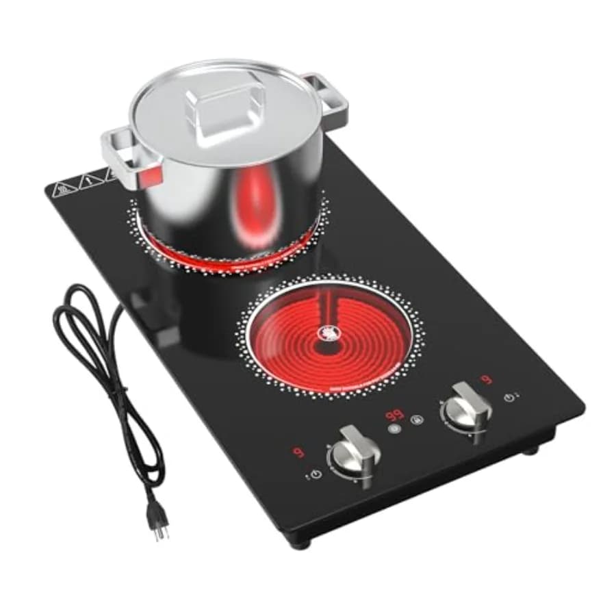 Piano cottura elettrico a 2 fuochi per uso su piano cucina, superficie in vetro nero, potenza 2100W con controllo a manopola a 9 livelli, timer e protezione bambini.