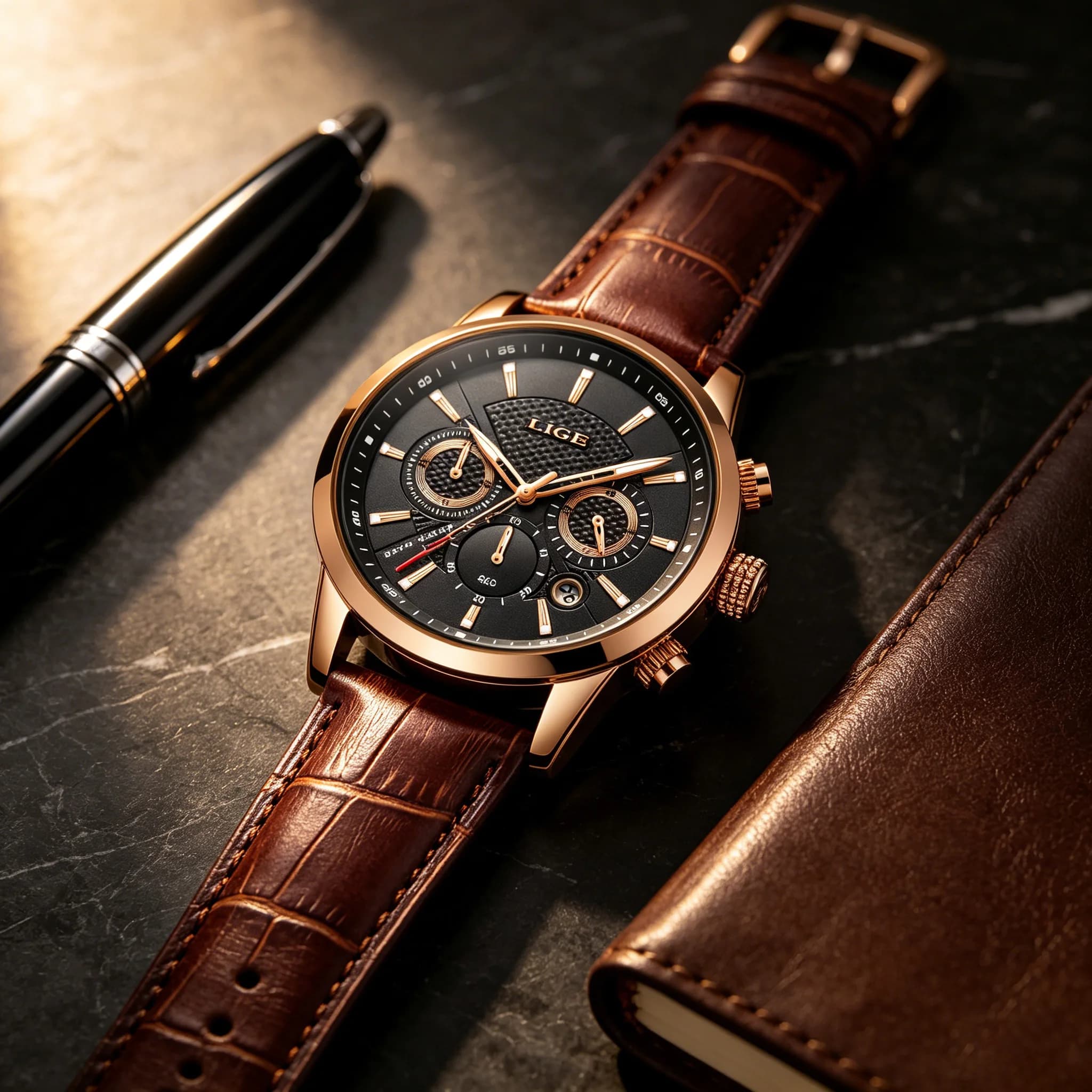 LIGE Fashion Man Watch Business Sports Men Waterproof Watches Luminous Quartz Chronograph Clock Brown Leather Watch For Men