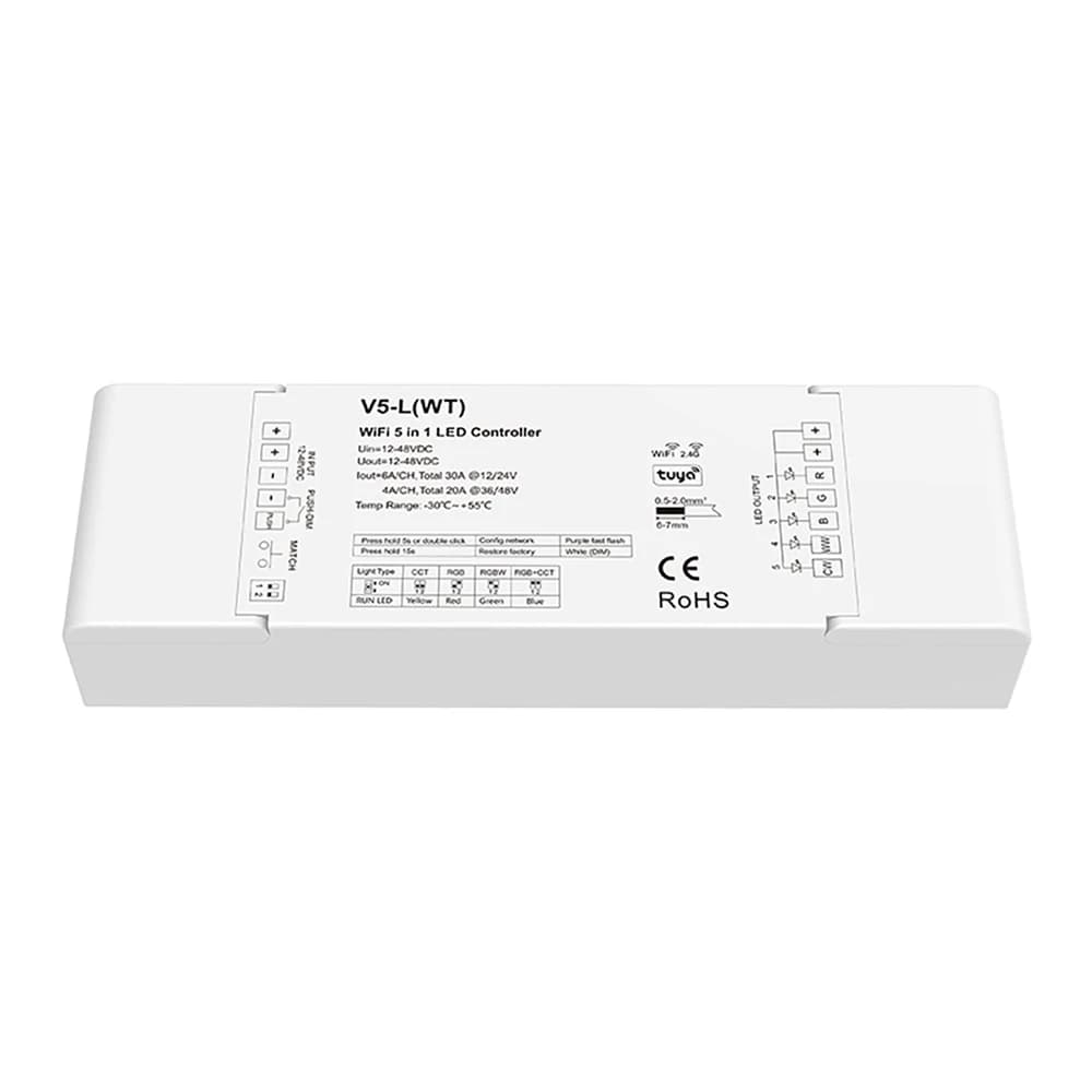 Controller LED Wi-Fi ad alta potenza con dimmer DC12V/24V/36V/48V, controllo tramite app Tuya Smart per strisce LED 5-in-1