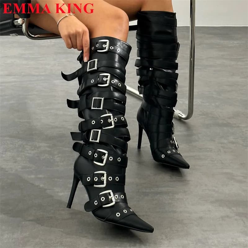 Women's Retro Punk Style High Heel Boots Autumn Winter Buckle Strap Casual Shoes Stiletto Pointed Toe Knee High Boots For Women