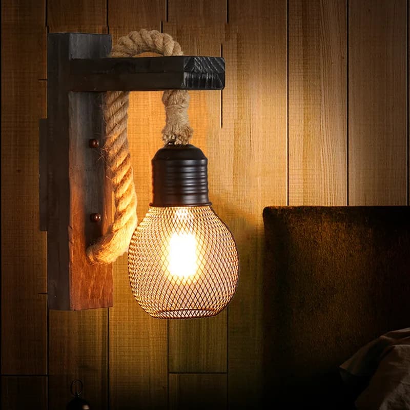 Retro Wooden Strip Hemp Rope Wall Lights Interior Atmosphere Decor Restaurant Corridor Aisle Bedroom Industry LED Lamps Fixture