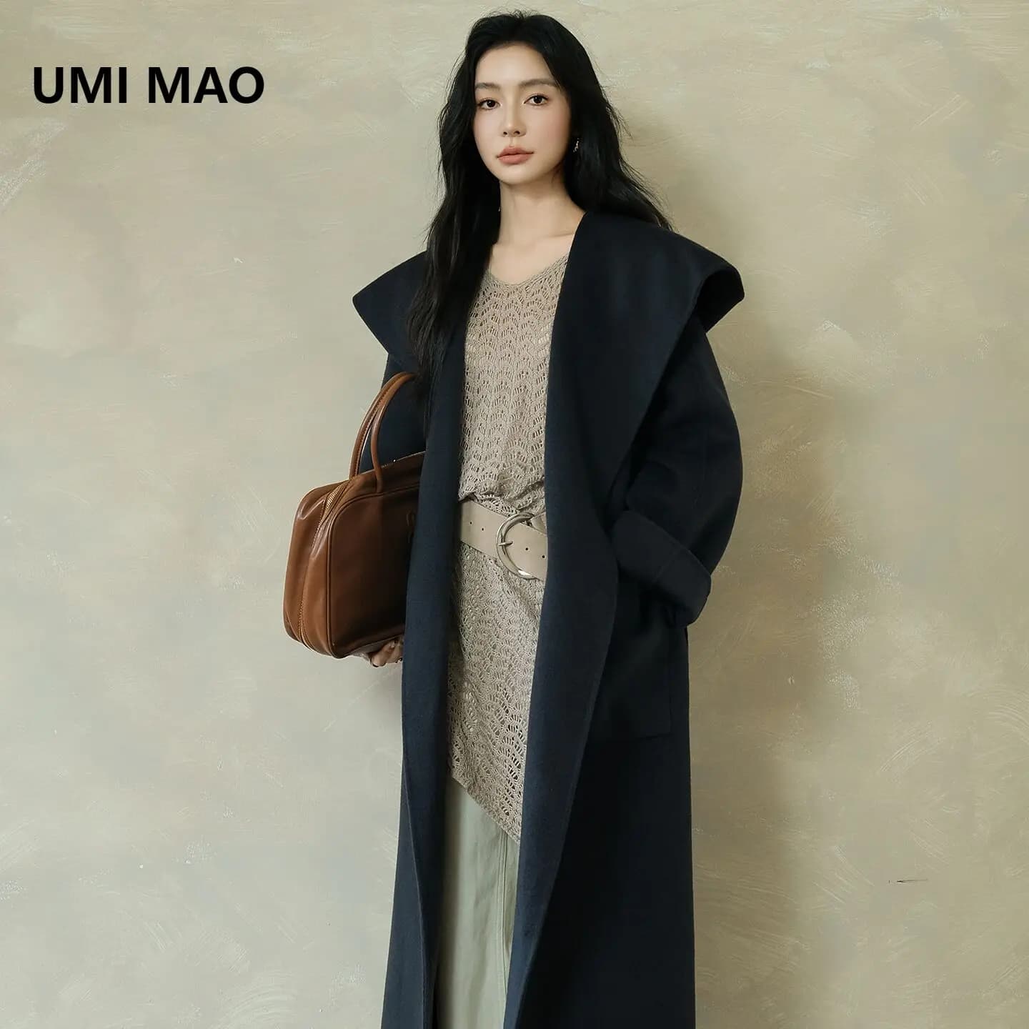 UMI MAO Woolen Jacket Autumn Winter New Cannes Night Loose Bathrobe Hooded Double-Sided Mid-Length Sheep Wool Coat