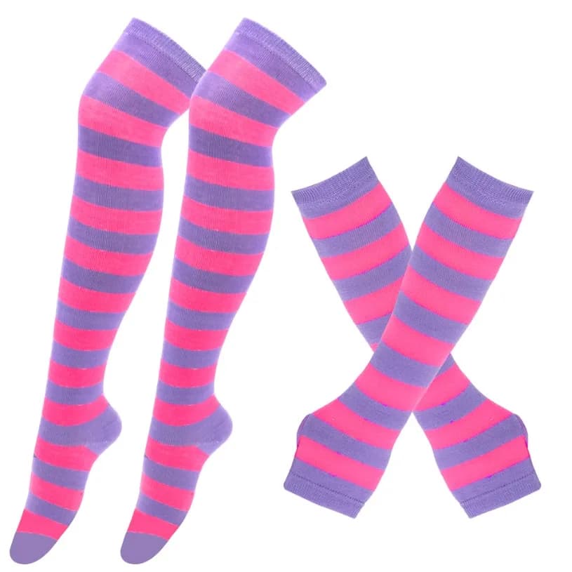 Guanti da donna con calza a righe, guanti, set di calzini alti alla coscia, da donna, per ragazze, nero, bianco, lungo sopra il ginocchio, calzino Lolita