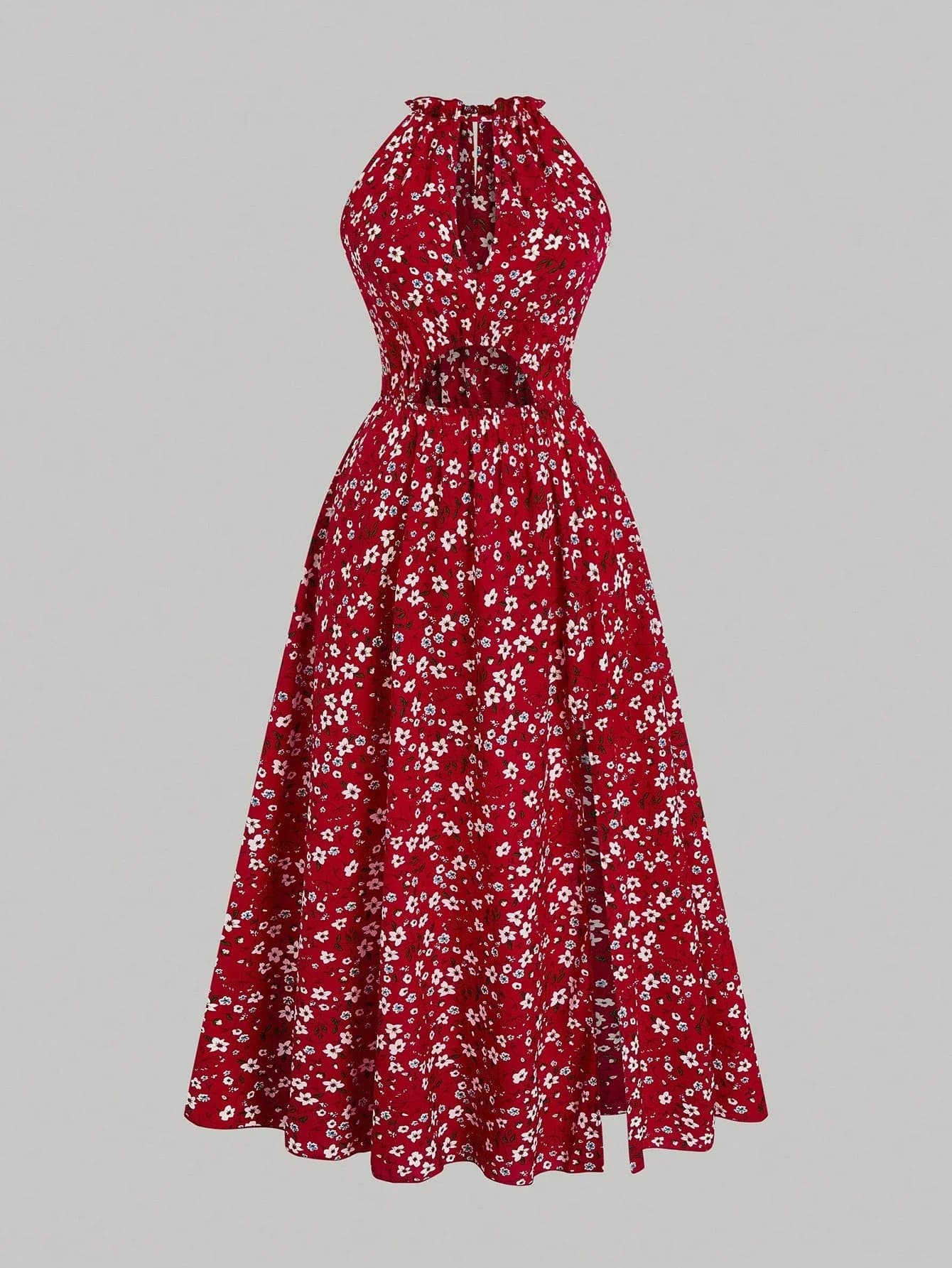 Abito lungo da donna con scollo a V e spacco, stile vintage bordeaux con stampa floreale, per spiaggia e vacanze, primavera estate