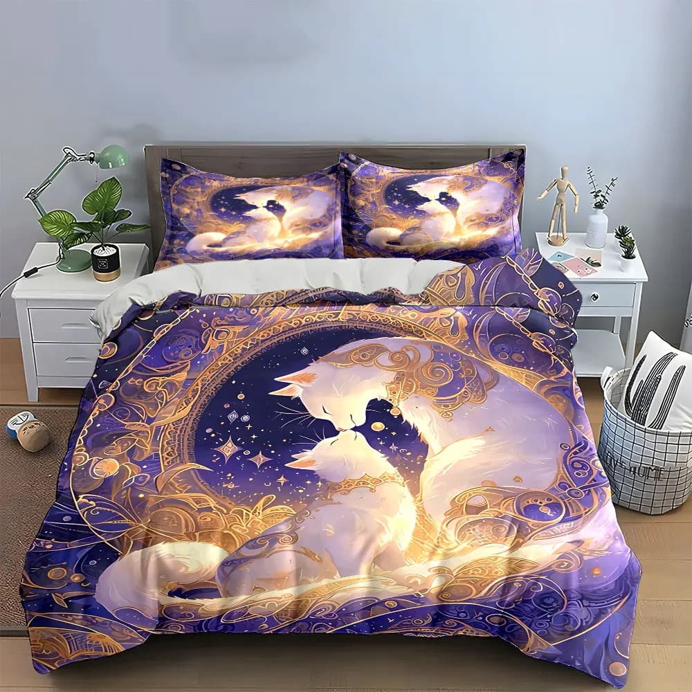 Set di biancheria da letto con elegante decorazione artistica di gatti, con 1 copripiumino e 2 federe, singolo, matrimoniale, king size, queen size, idea regalo