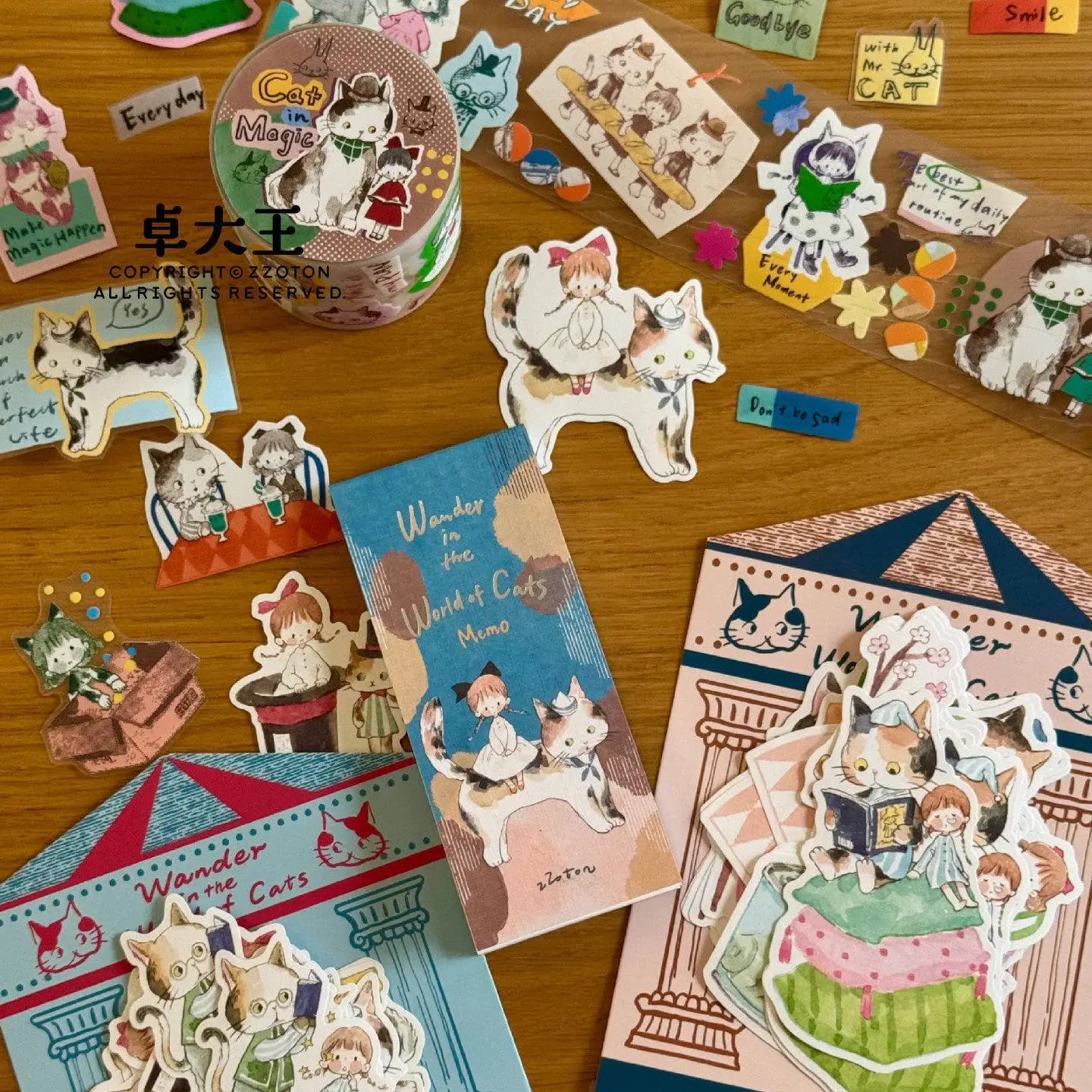 ZZOTON [Cat's Adventure] Set di Adesivi a Forma Speciale, Note Adesive Decorative, Quaderno Artistico Acquerello, Letteratura e Arte Giapponese