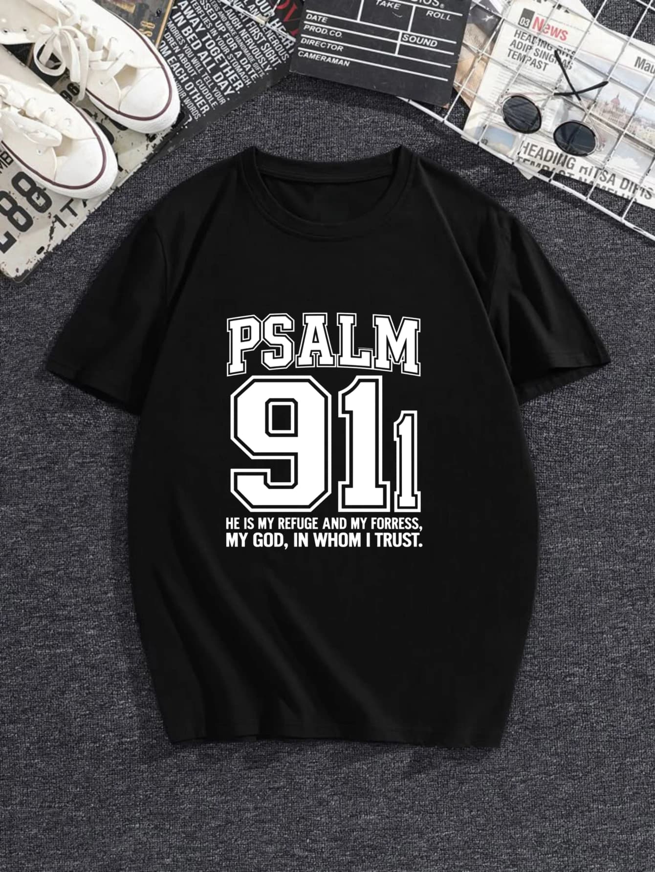 Men Psalm Religious Graphic T-Shirt Black With White Inspirational Bible Verse Print Regular Fit Casual Short Sleeve Round Neck Summer Tee Machine Washable Casual Attire Men Size S-3XL