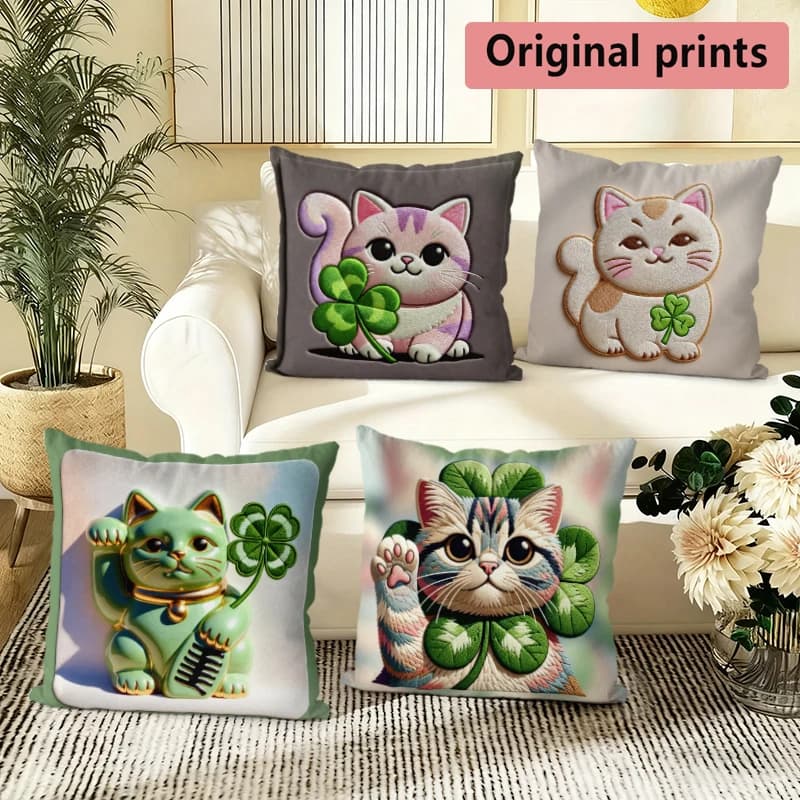 Lucky Cat & Clover Square Throw Pillow Covers Pattern Cushion Cover Suitable For Sofa Bedroom Car Pillow Cover