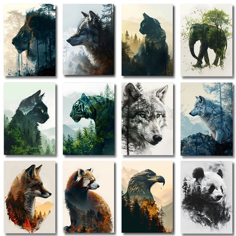 Animal and Forest Poster Eagle Wolf Tiger Lion Cat Panda Fox Tree Canvas Painting for Living Room Home Decor Wall Art Mural