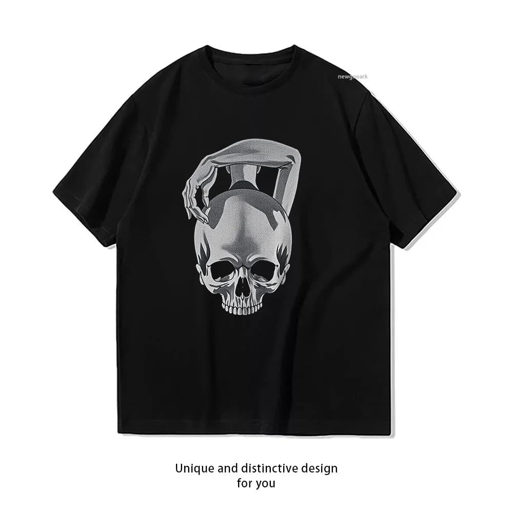 Maglietta a maniche corte in cotone casual con stampa Skull Kettlebell Fitness Art per uomo e donna