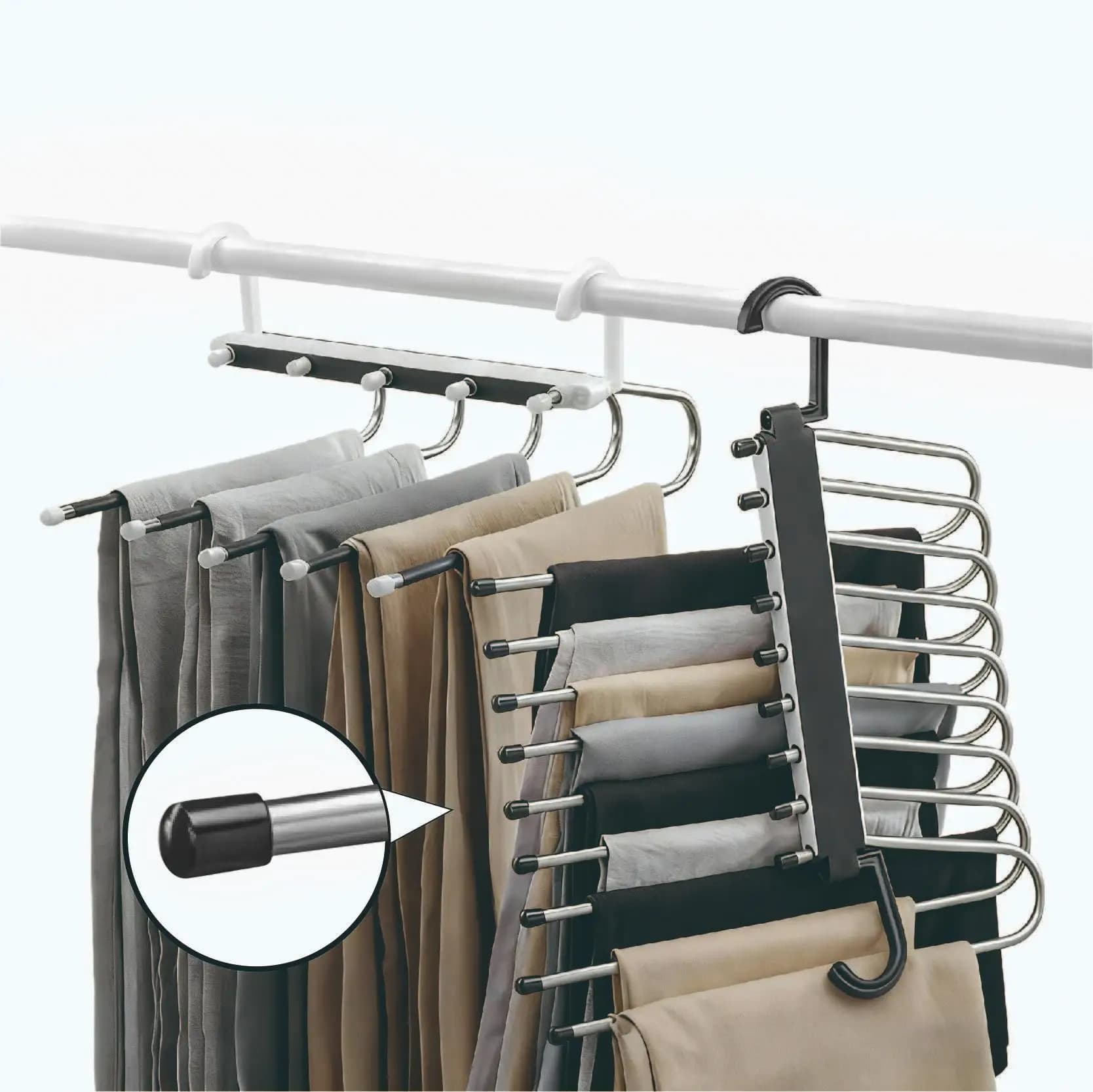 9 Layers Space Saving Pants Hangers Multifunctional Stainless Steel Magic Pant Rack Wardrobe Closet Organizer Heavy Duty Multi-Layer Trousers Hanger for Jeans Leggings Scarves Clothes Storage