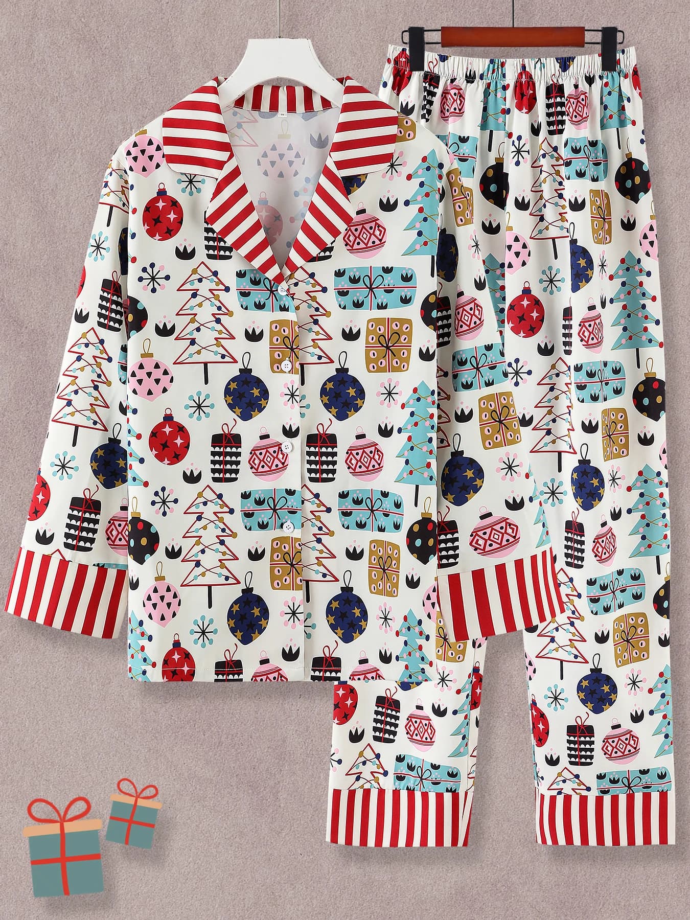 Couple's Pajama Set, Christmas Print Long-Sleeve Loungewear, Collared Open-Front Top and Elastic Waist Pants, Soft and Comfortable Holiday Homewear