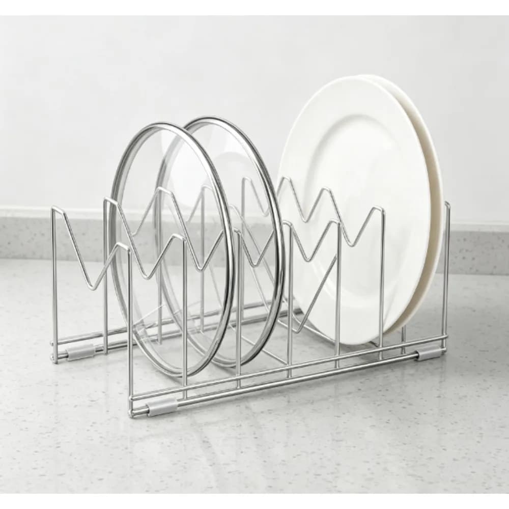 Durmmur 3-Piece Pot Lid Organizer, suitable for cabinets, stainless steel pot lid rack with non-slip silicone mat. It can hold frying pans, saucepans, baking utensils, plates, baking trays, trays, cutting boards, etc., in silver.