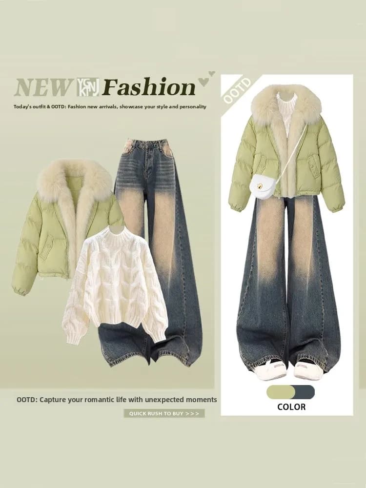 Loose Large Fur Collar Green Cotton Jacket Sweater Wide Leg Jeans Three Piece Set Deep Winter Lazy Style Warmth Ensemble