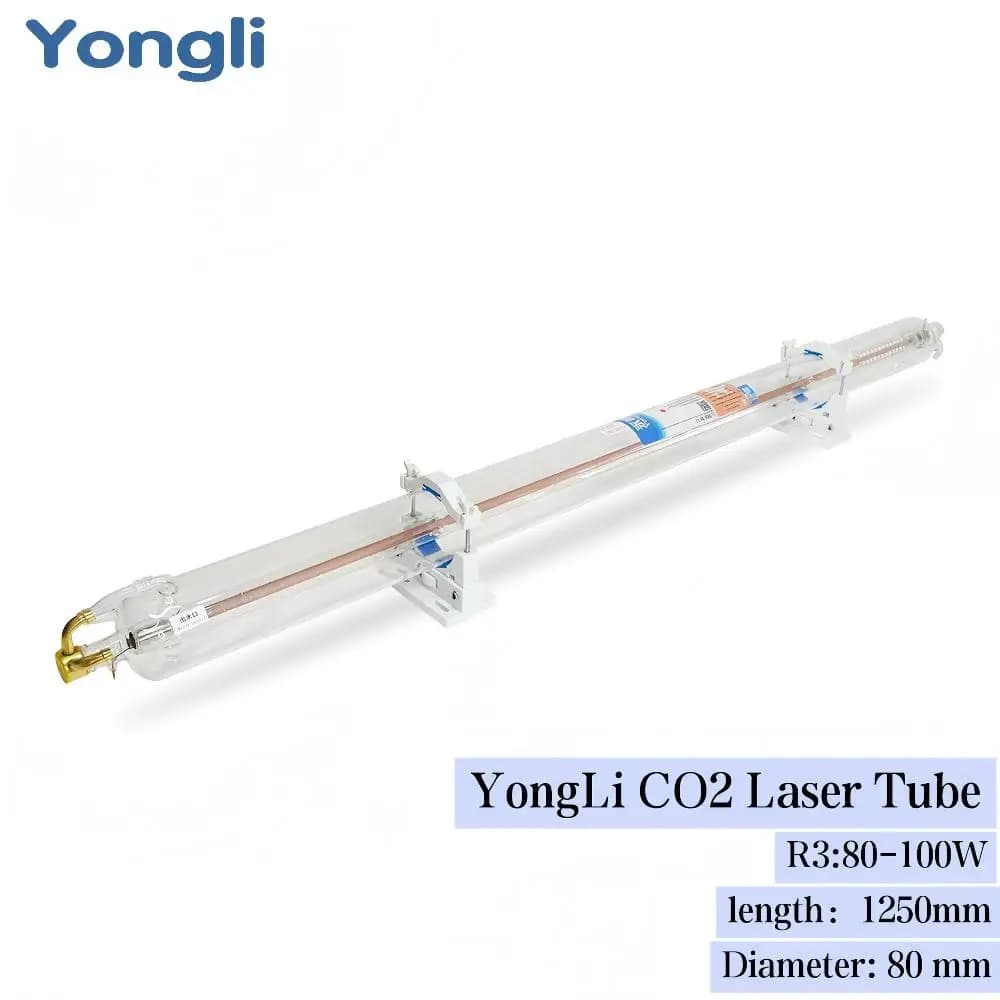 Tubo Laser CO2 Yongli R3 80-100W, Lunghezza 1250mm, Diametro 80mm per Macchine da Taglio e Incisione Laser CO2