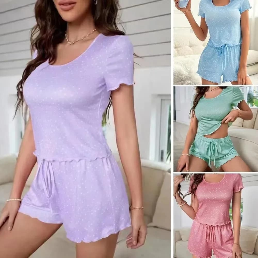 Polka Dot Women's Pajama Set Ruffle Trim Ultra Soft Printed Pajama Set T-shirt Top+Short Short Sleeve 2-Piece Loungewear Set