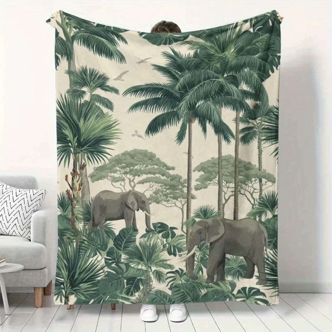 1pc tropical rainforest elephant pattern printed flannel blanket - throw blanket, shawl blanket, cuddle blanket, comfortable/sof