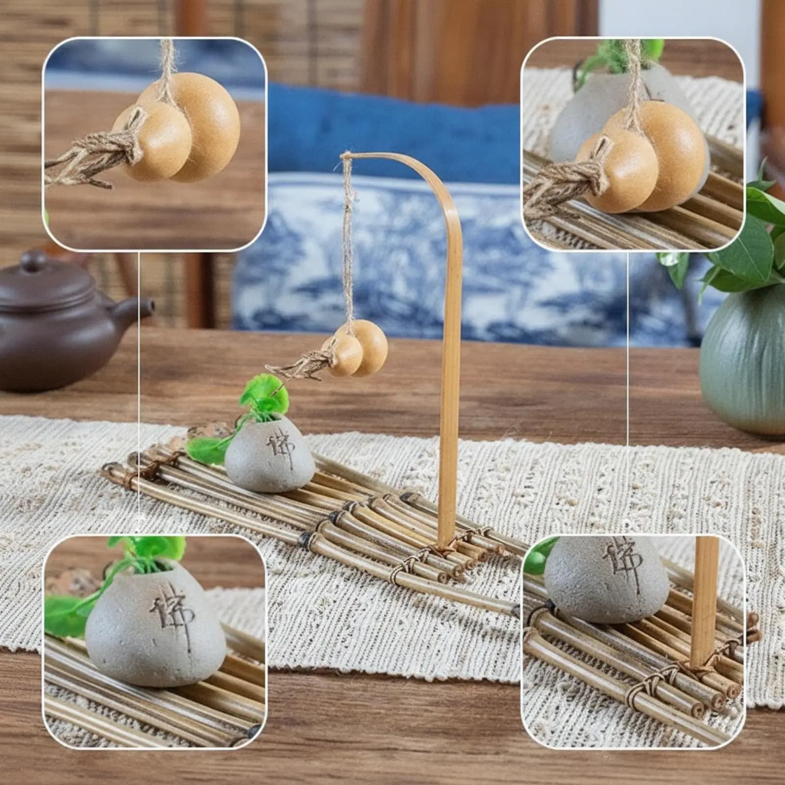 Bamboo Stand with Hanging Ornaments Handmade Bamboo Tea Ceremony Prop Rustic Ornament Display Stand for Photographers, Photo