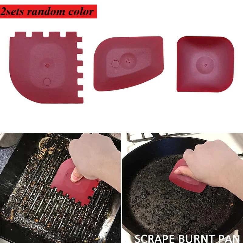2sets Random Color Portable Multi-purpose Frying Pan Stripe Skillet Grease Cleaning Scrapers Serrated Kitchen Cleaning Oil Scrap