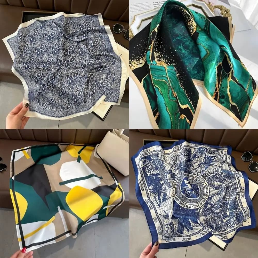 Sciarpa di seta da donna alla moda 70 × 70 cm Piccola stampa quadrata in raso Fazzoletto avvolgente All-Match Streamer Bandana Hijab femminile