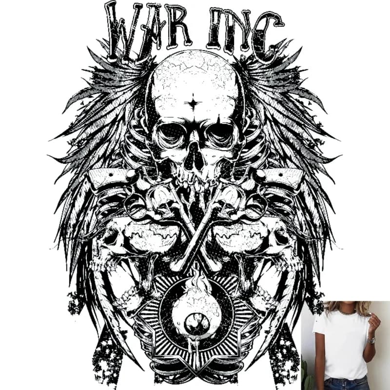 Dark Style Skull & Gun Pattern Heat - Transfer White Ink Iron - on, Trendy & Cool, Suitable for T - Shirts, Canvas Bags, Eye -