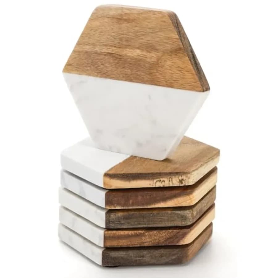 Set of 6 Marble Wood Coaster, Hexagon Geometric Coasters, Handcrafted Marble Coasters Set for Your Drinks and Beverages, Tea, C