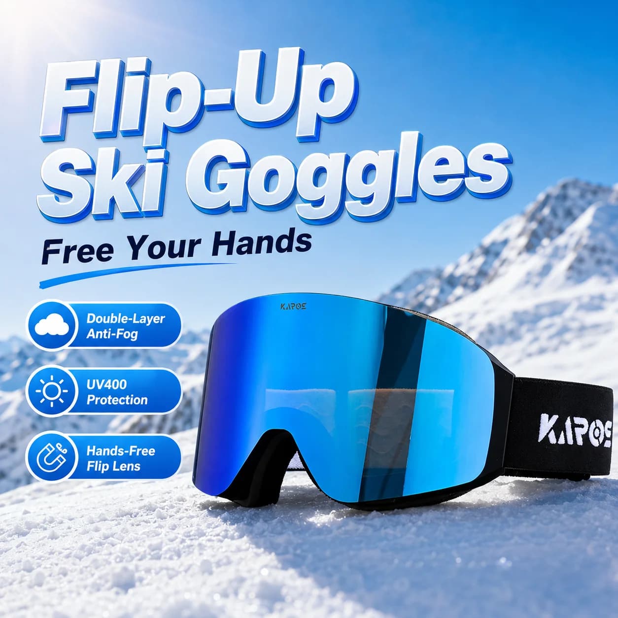KAROS Magnetic Flip Up Ski Goggles Double Layer Anti Fog UV400 Snowboard Goggles Wide View for Skiing Snowmobile Winter Sports