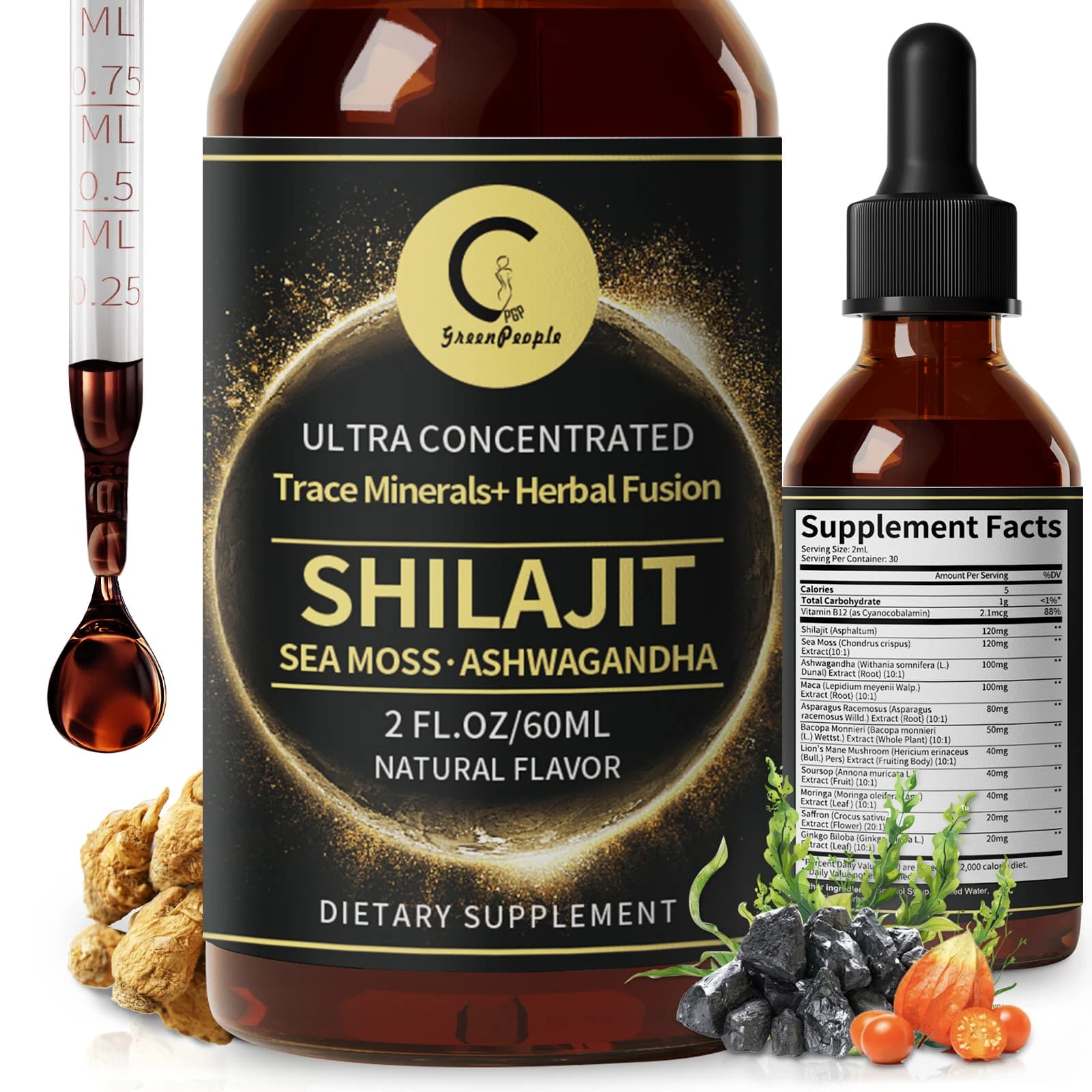 Shilajit liquid drops with marine moss, Ashwagandha, Maca, Moringa liquid vitamins for women and men - Mineral Track+HerbalFusion