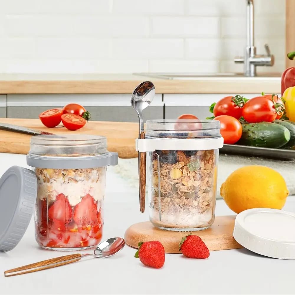 Yogurt Jar 350ml Overnight Oats Jars Glass Measurement Marks Oatmeal Container Reusable With Lid Yogurt Jar