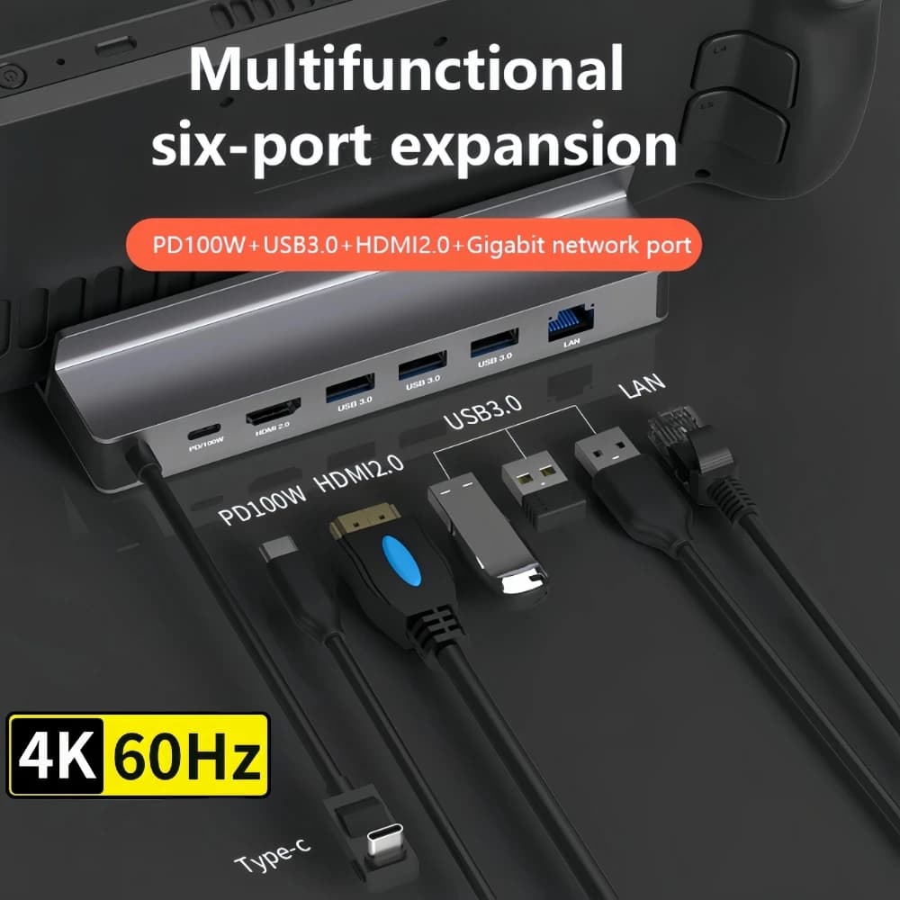 Docking station 6 in 1 per Steam Deck Rog Ally Docking Station Stand Accessori USB 3.0 HDMI 4K a 60Hz Gigabit Ethernet PD Hub