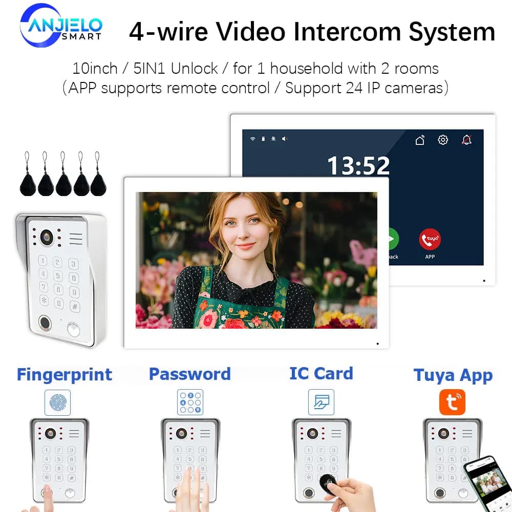 ANJIELO 5IN1 Impronte Digitali Sblocco Tuya Smart Home Camera Campanello Videocitofono Sistema per Appartamento 2 Schermi 1080P