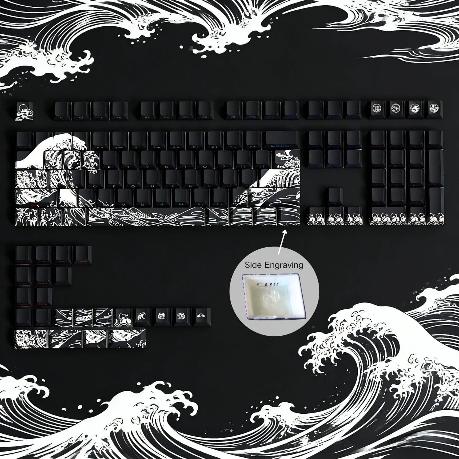 Keycaps a Tema Ukiyo-e, Keycaps in Stile Giapponese con Incisione Laterale, Keycaps PBT Profilo Cherry, Tasti Personalizzati per Tastiera Meccanica