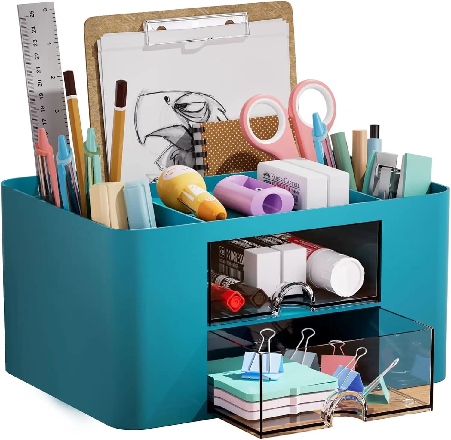 Organizer da Scrivania Multifunzionale con 5 Scomparti e 2 Cassetti, Portapenne Verde Scuro per Forniture da Ufficio