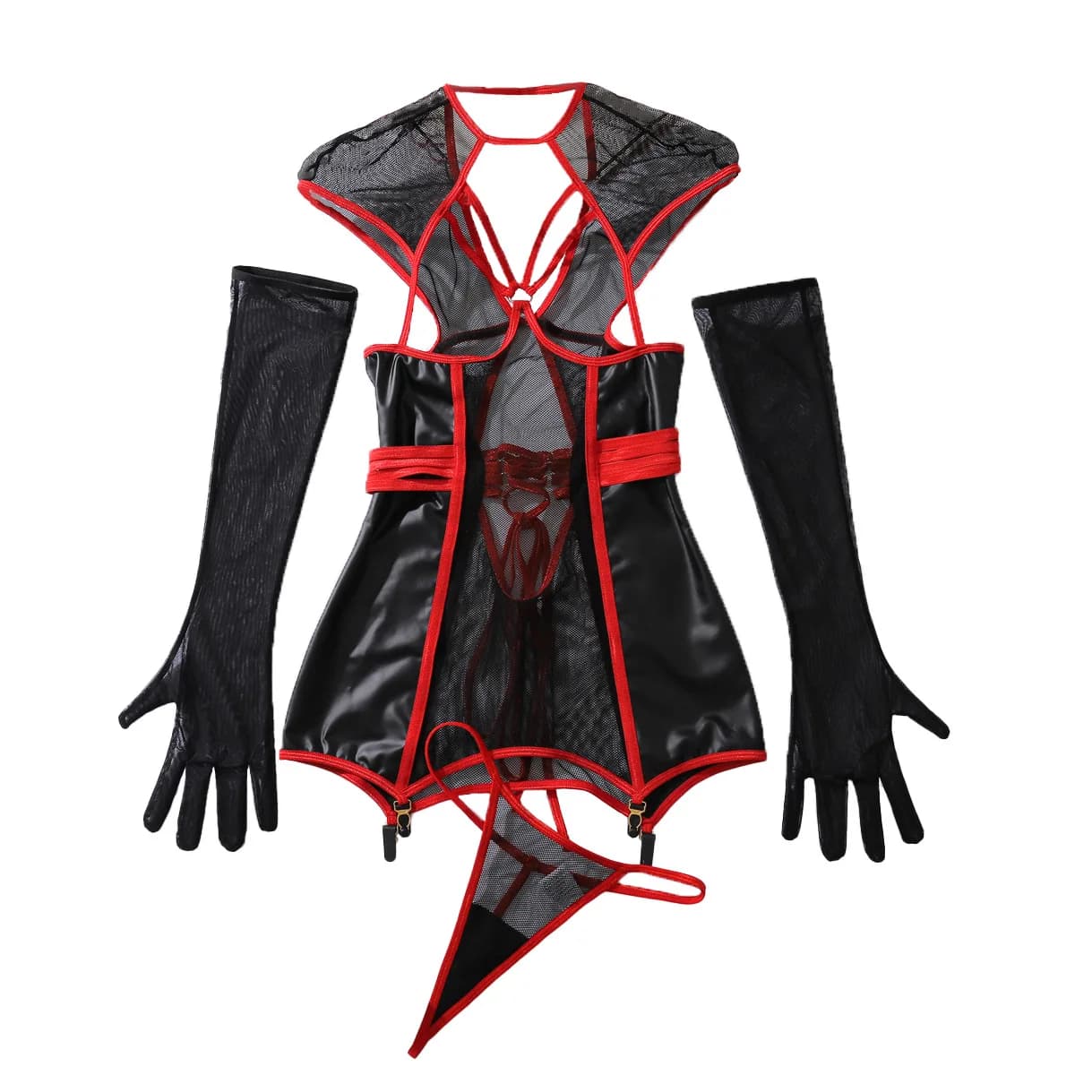 Body Erotico Tornova con Guanti, Rete a Maglia, Trasparente, Patchwork, Aderente, Sexy e Seducente, Lussuoso